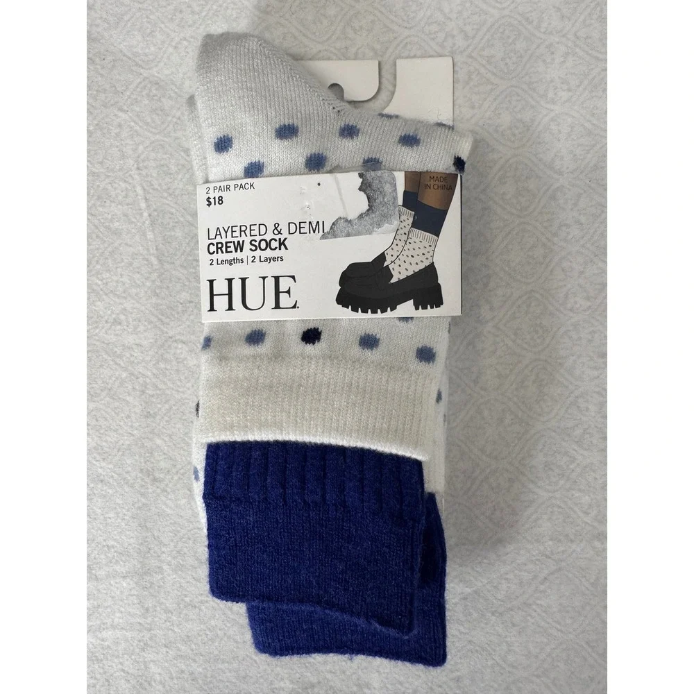HUE Layered Demi Crew Socks 2 Pair Pack Polka‎ Dot White Blue Women One Size